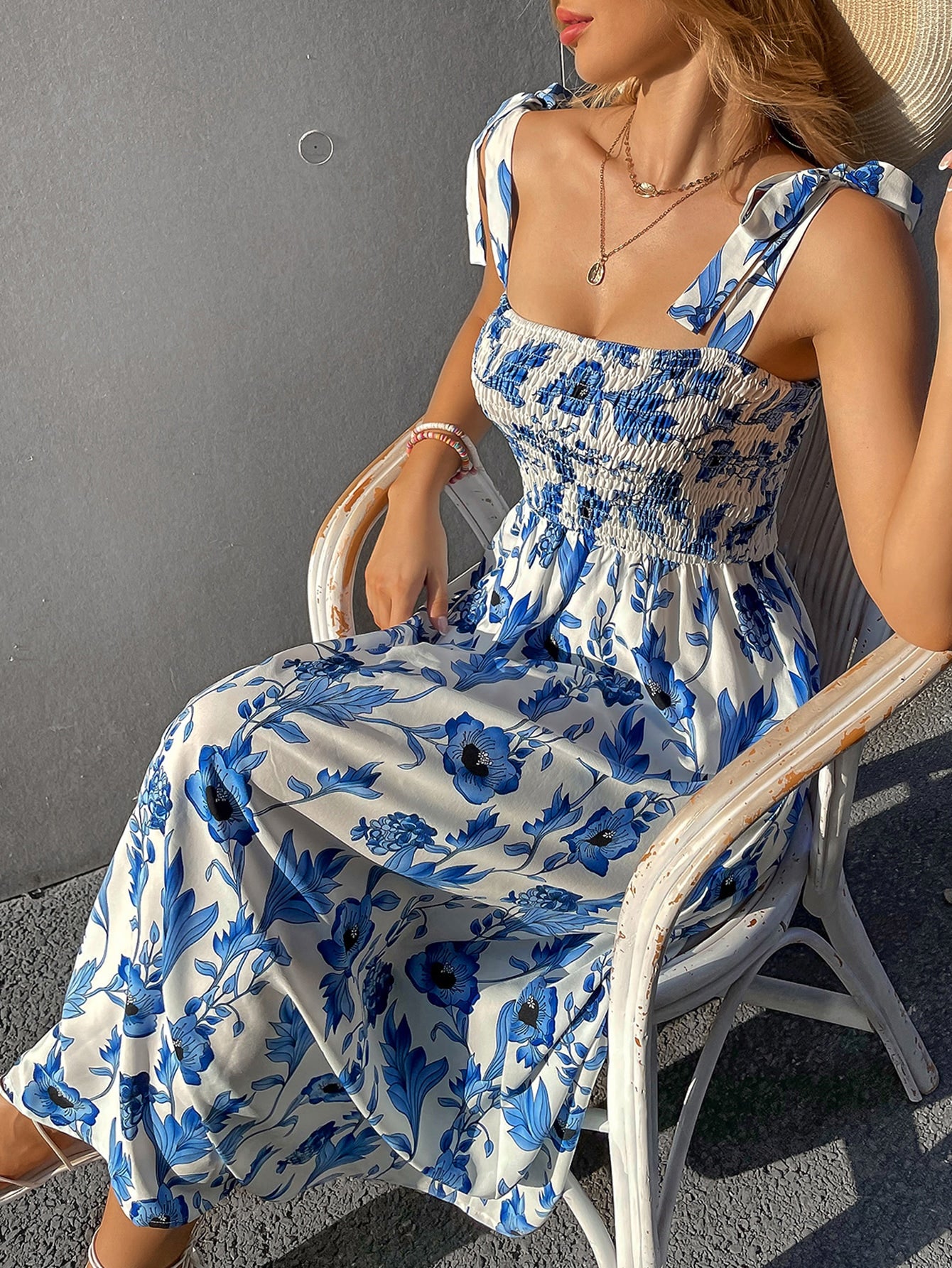 VCAY Floral Print Knot Straps Shirred Bodice Cami Dress