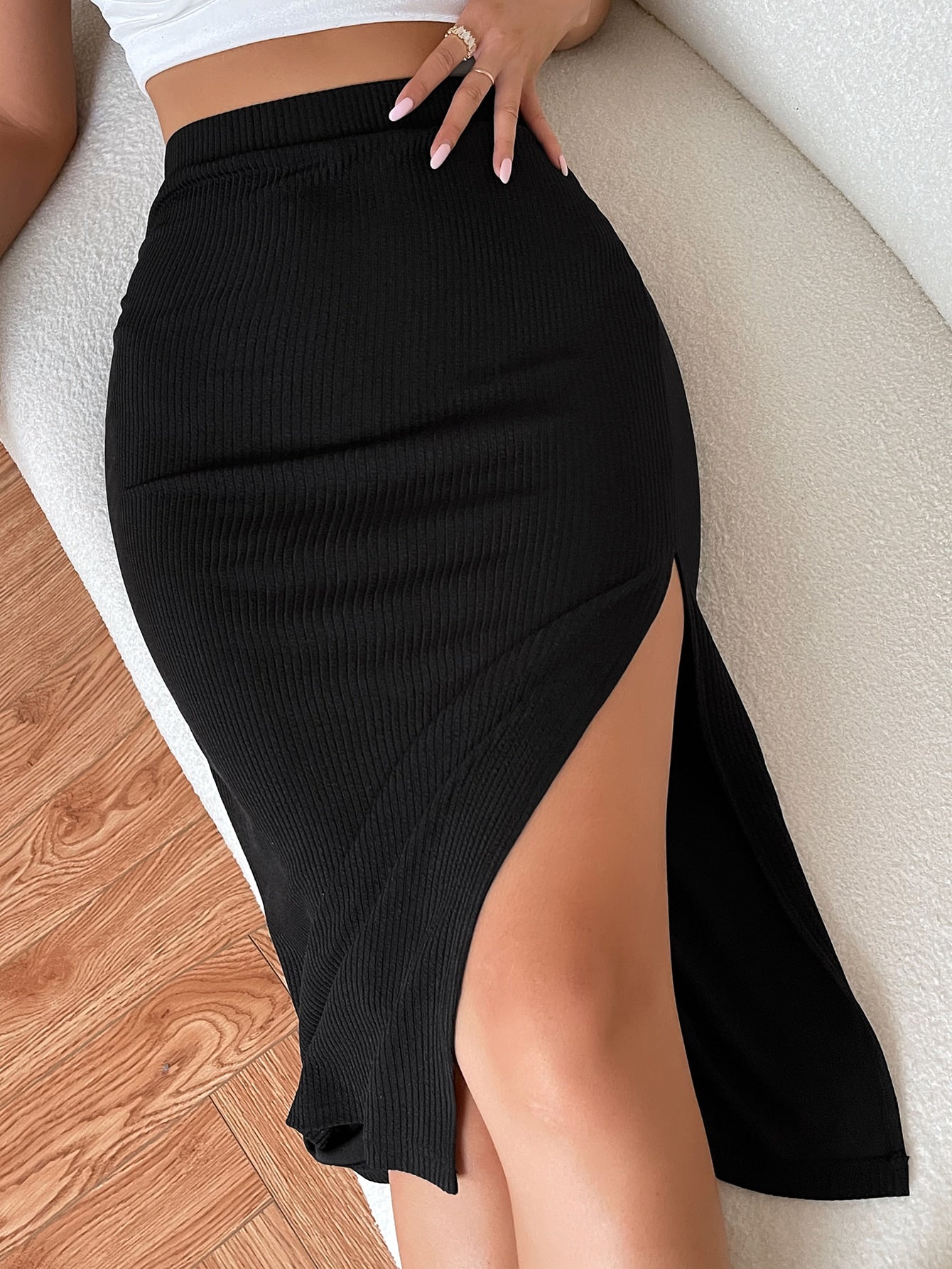 Frenchy High Waist Solid Ribbed Knit Slit Skirt