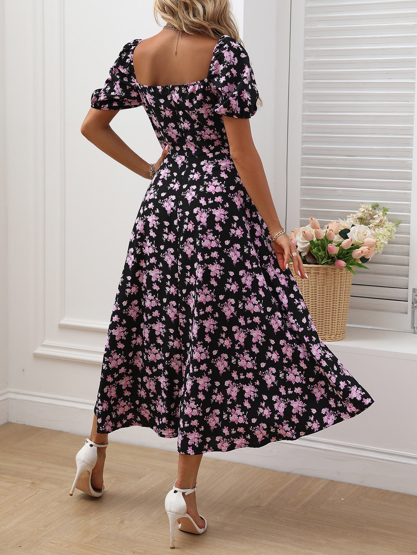 VCAY Allover Floral Knot Split Thigh A-line Dress