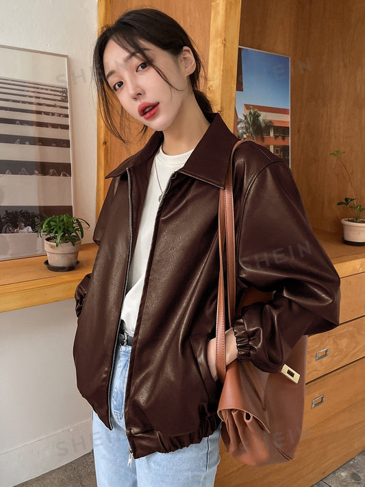 Dazy-Less Slant Pockets PU Leather Jacket