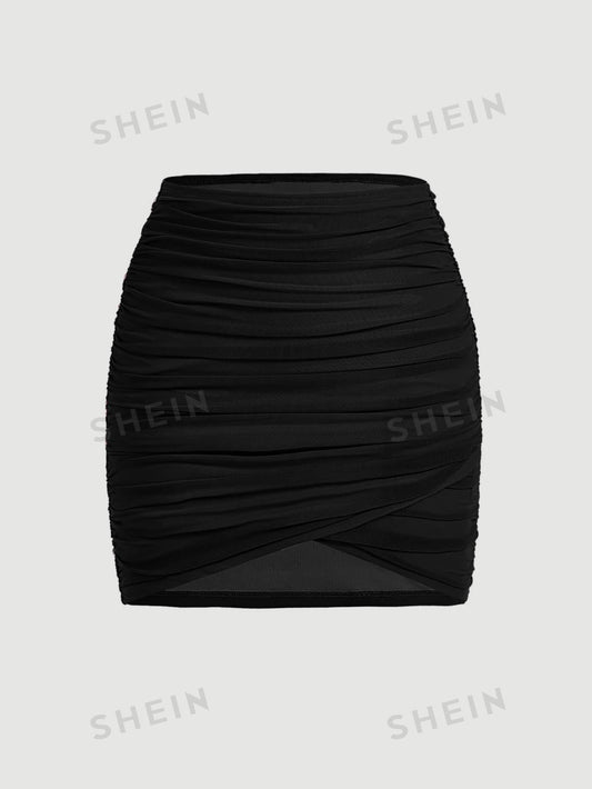 MOD Solid Ruched Bodycon Black Summer Skirt