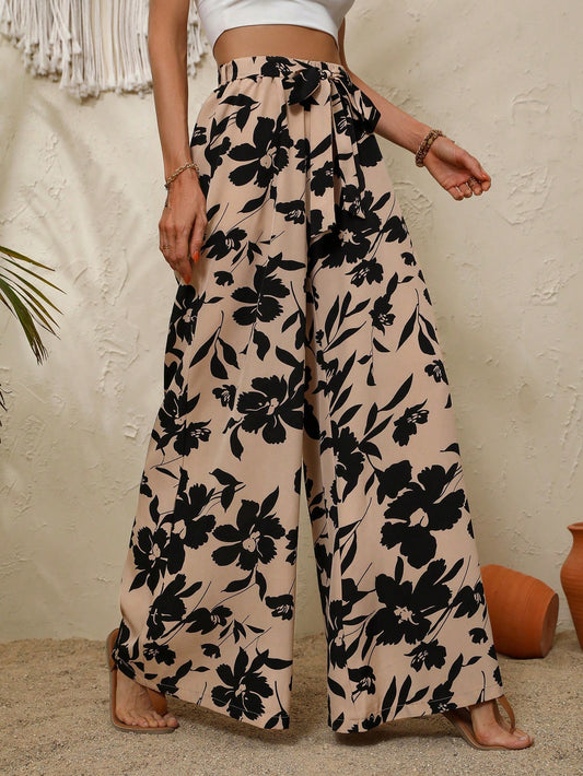 VCAY Floral Print Belted Wide Leg Pants
