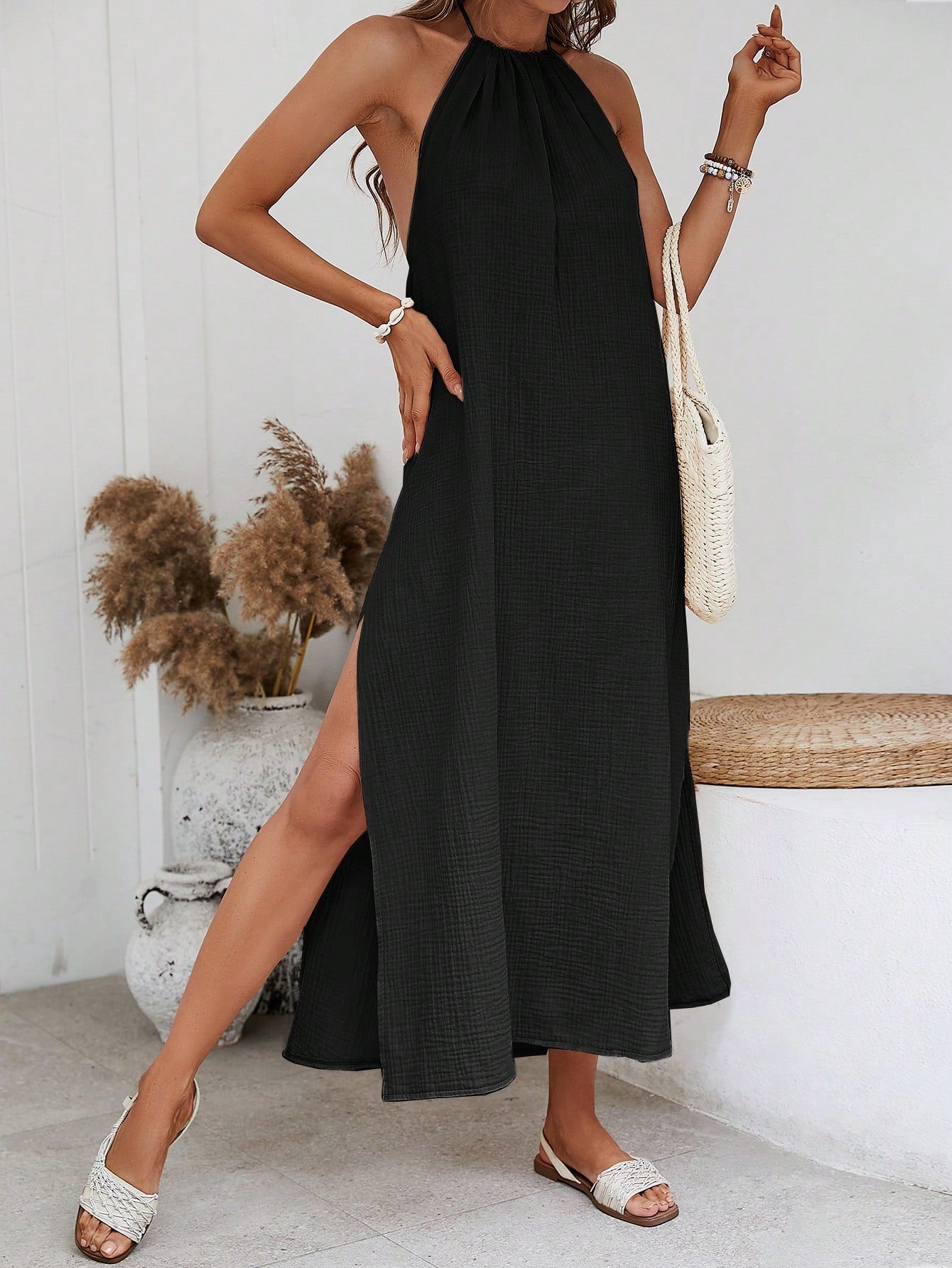 VCAY Solid High Slit Hem Halter Neck Backless Summer Women Beach Maxi Dress