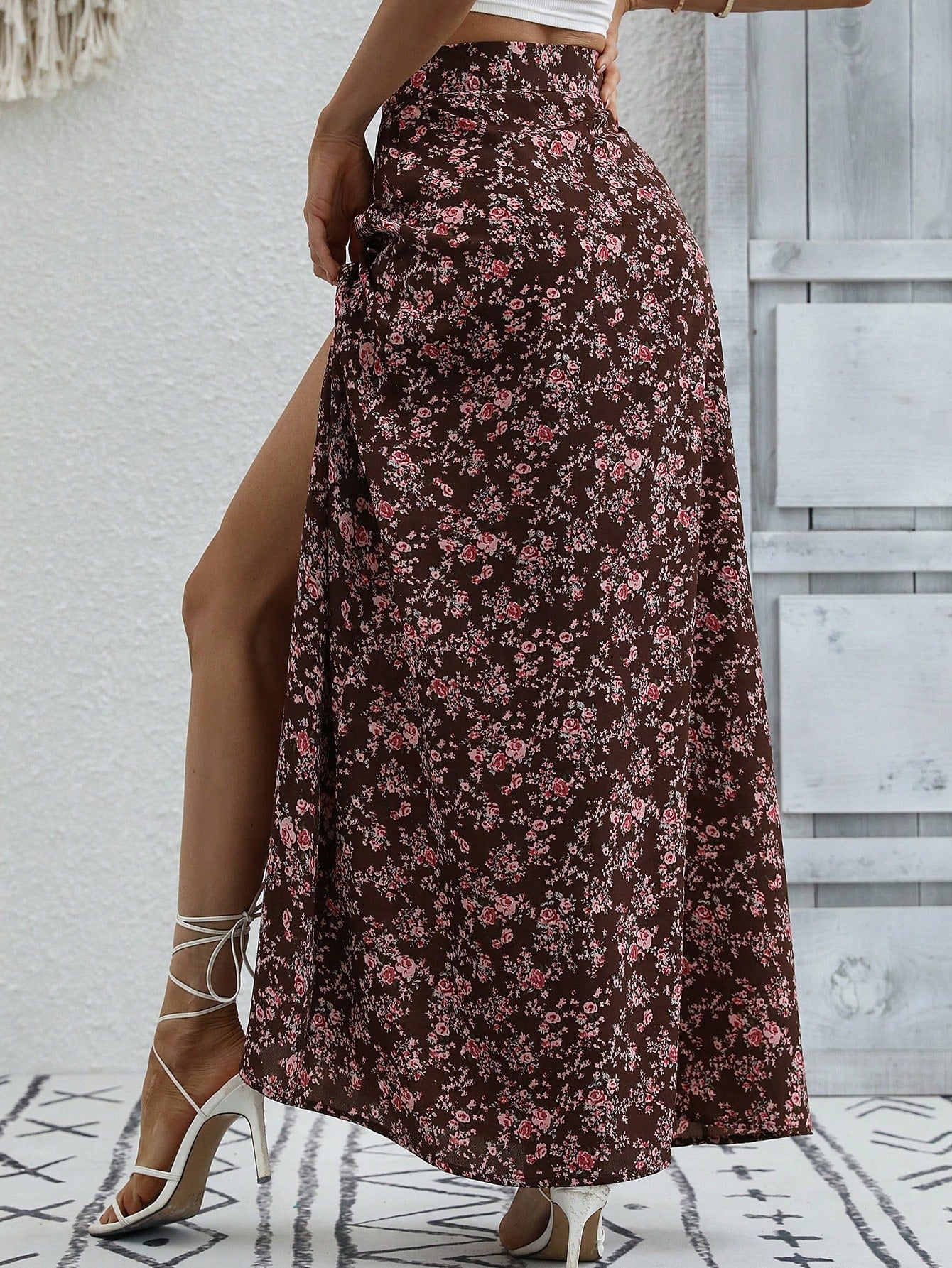 LUNE Ditsy Floral Print Split Thigh Skirt