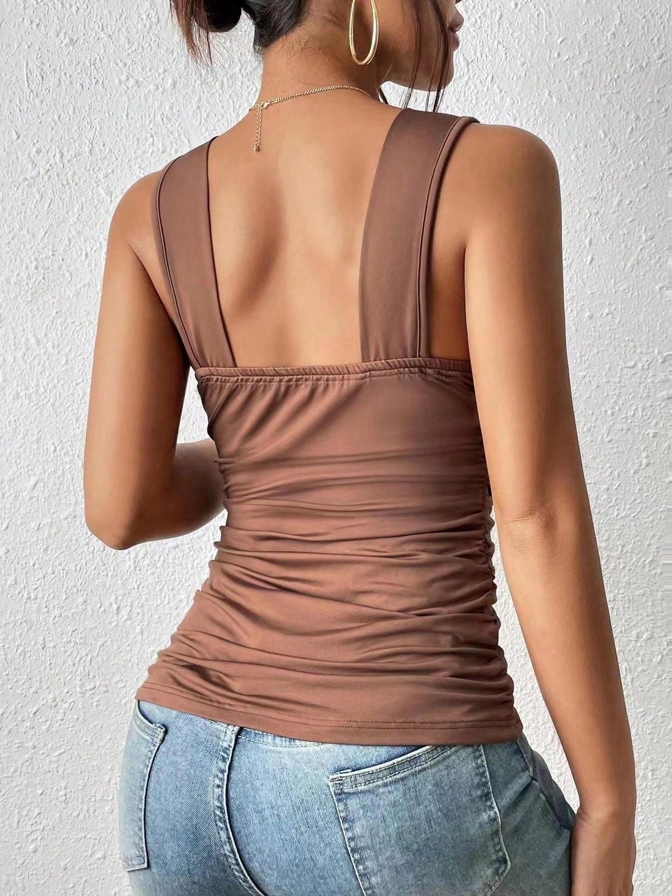 Frenchy Solid V Neck Ruched Satin Tank Top