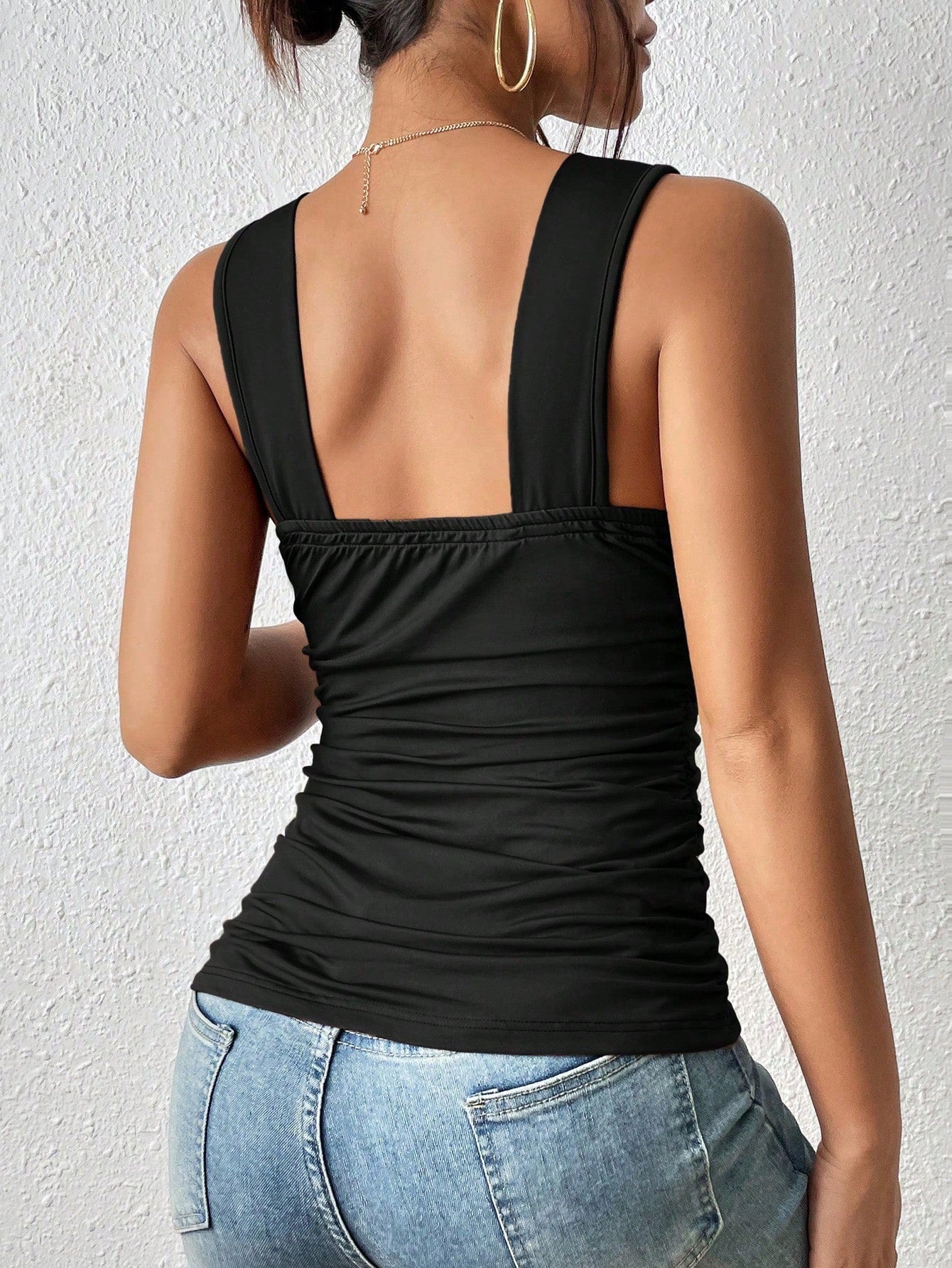 Frenchy Solid V Neck Ruched Satin Tank Top
