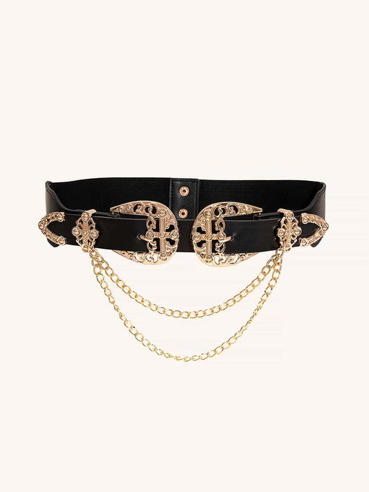 1pc Cowgirl Double Buckle Hollow Out Chain Detail Elastic Waist Belt For Women dress belt