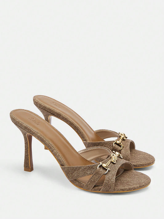 ICON Elegant Brown Mule Sandals For Women, Metal Decor Stiletto Heeled Sandals