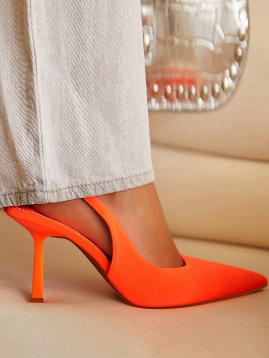 Women Slingbacks, Elastane Point Toe Stiletto Heeled Funky Pumps Neon Orange