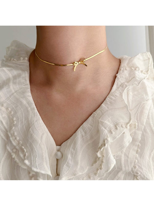1pc Delicate Stainless Steel Serpent Bone Choker Necklace With A Bow Detail