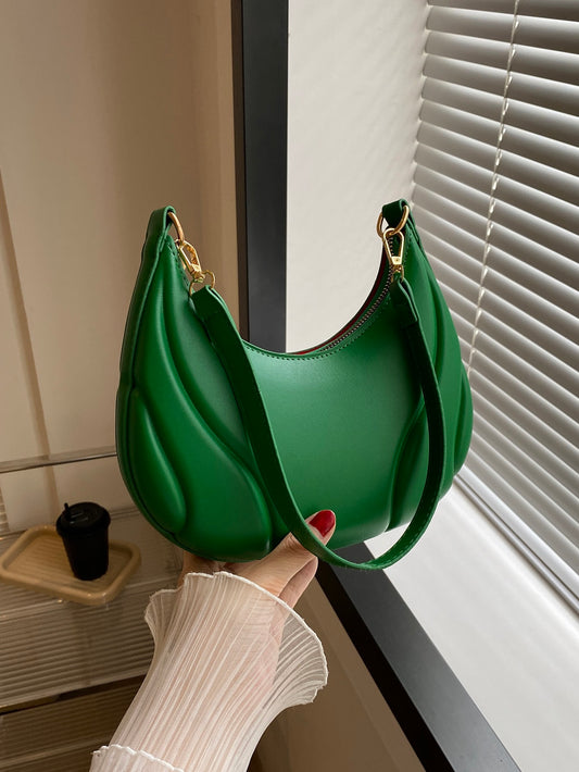 1pc Embossed Green Pu Leather Portable And Fashionable Solid Color Single-shoulder Bag For Ladies Daily Use