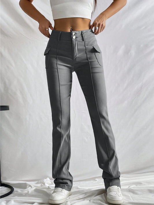 EZwear Retro Style Grey Flap Detail Seam Detail Pants