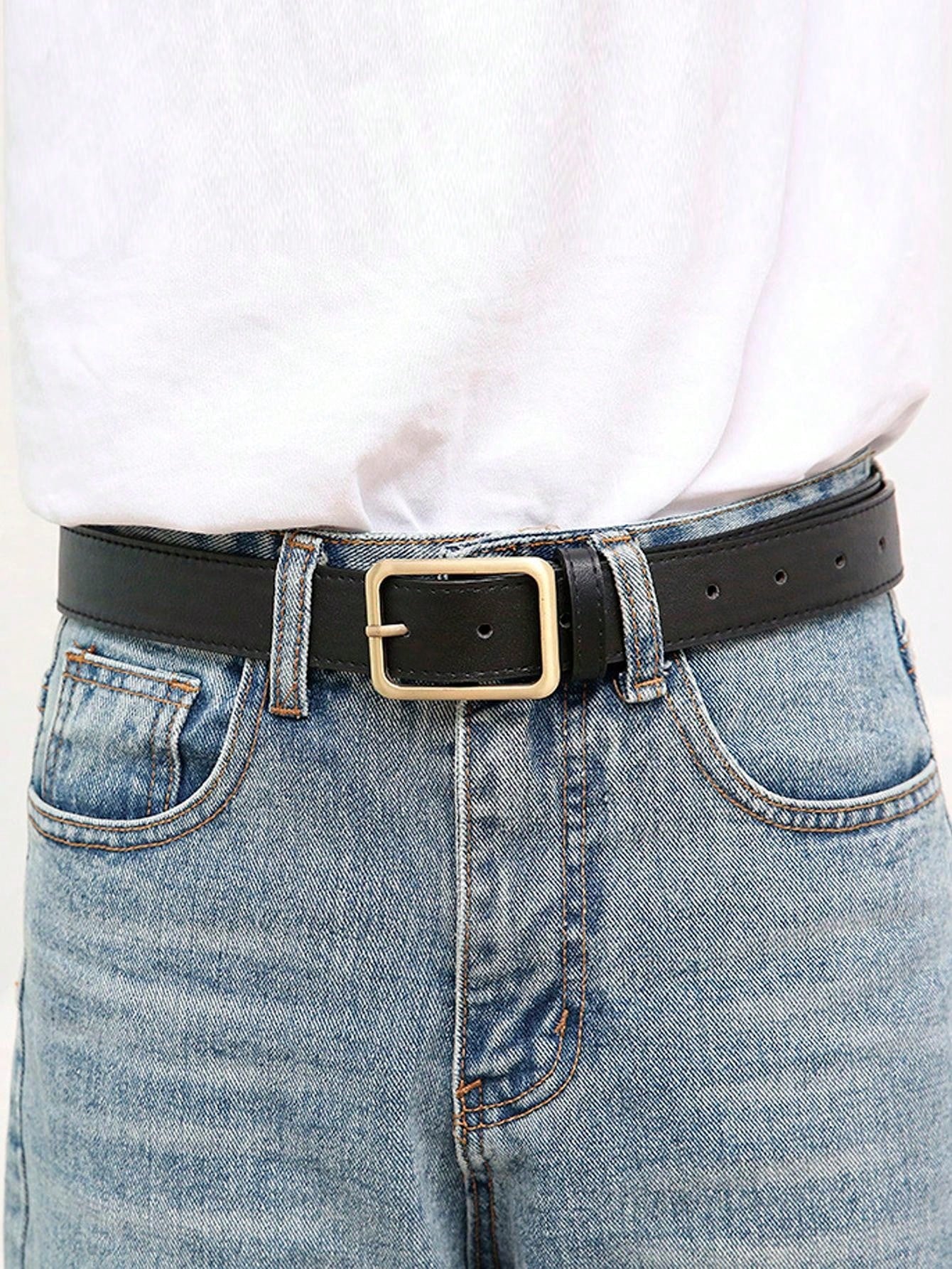 1pc Fashion Casual Black Solid Square Buckle Women Belt Girdle For Daily Life