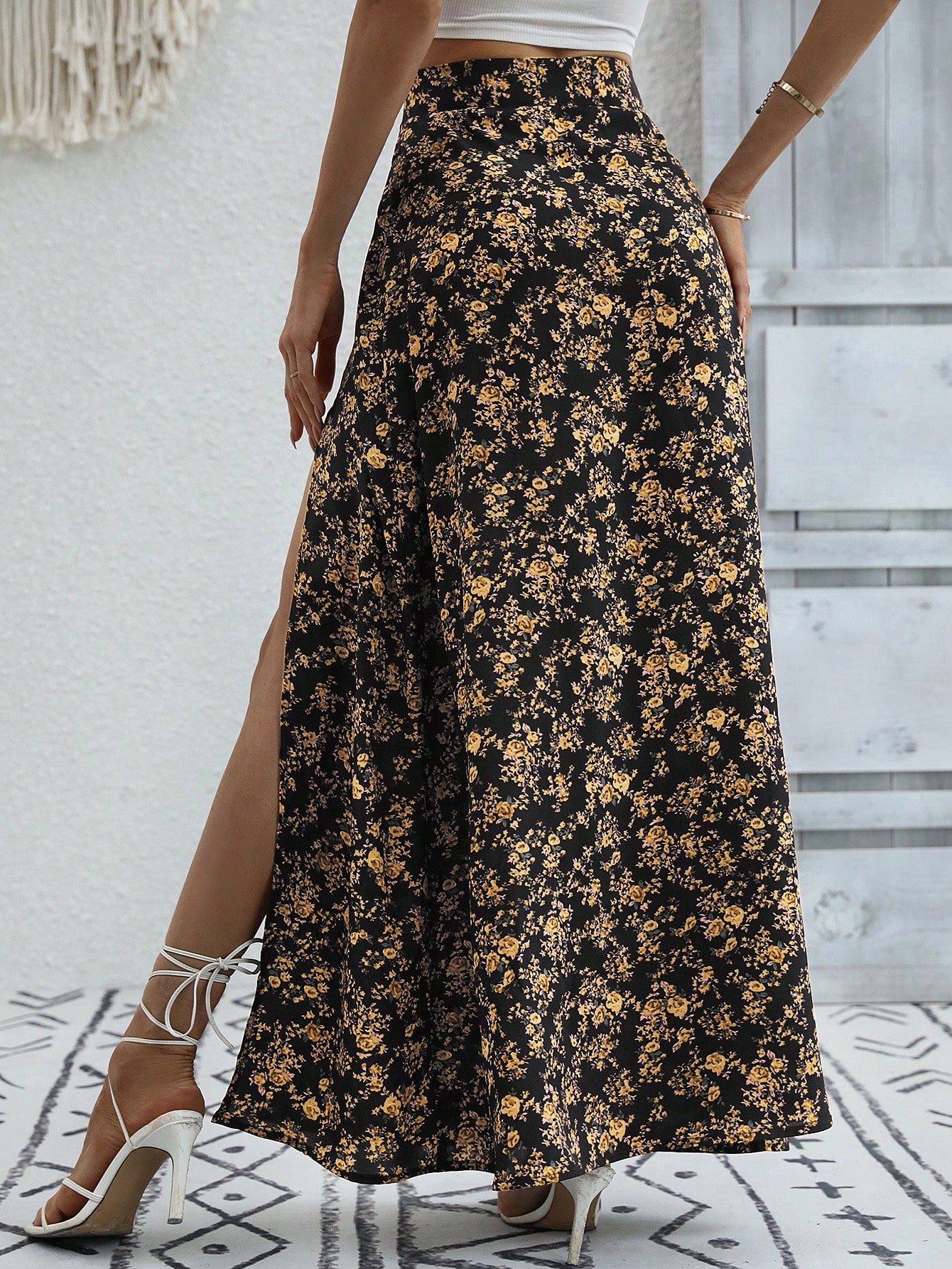 LUNE Ditsy Floral Print Split Thigh Skirt