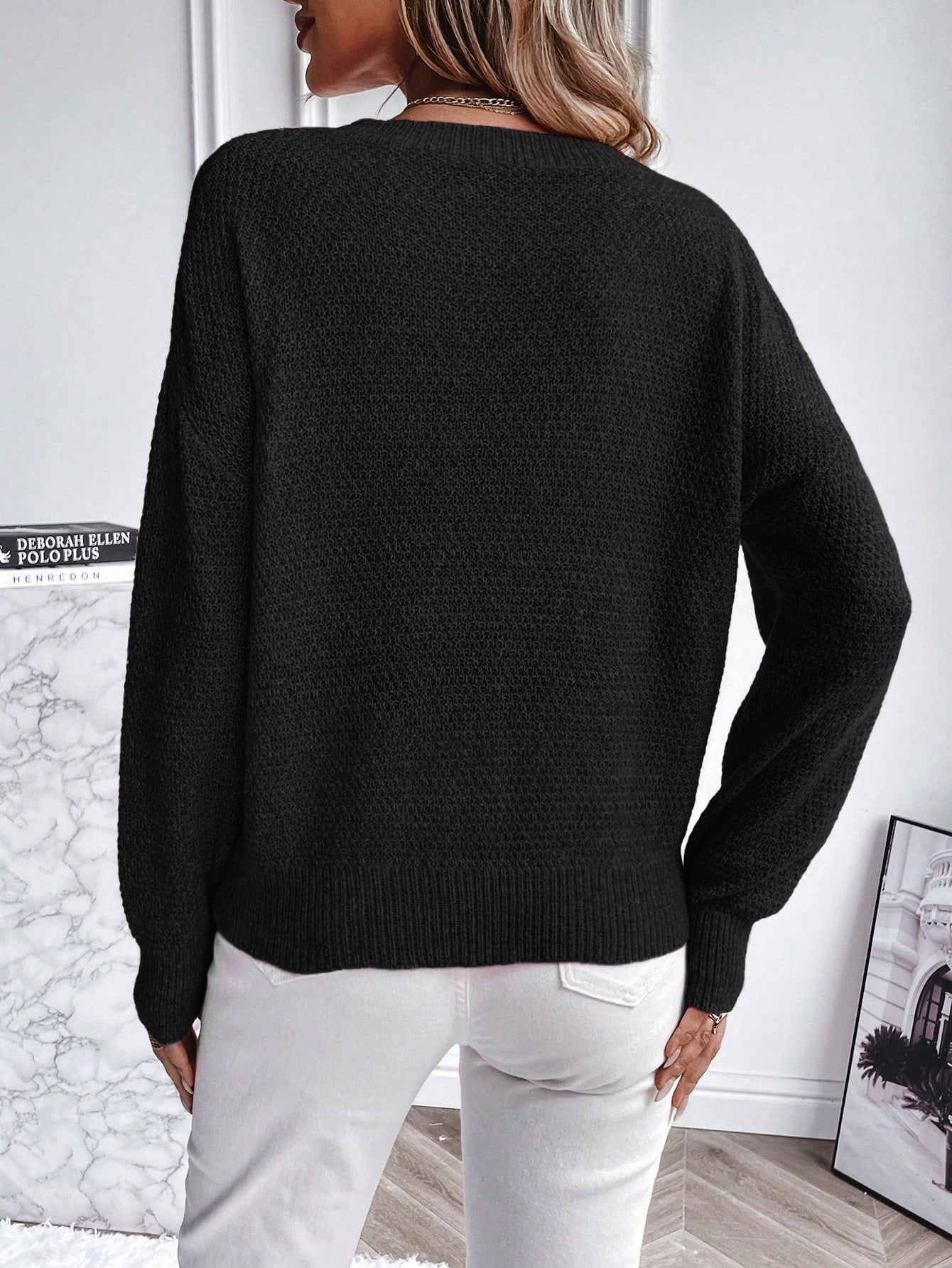 LUNE Solid Color Loose Fit Round Neck Drop Shoulder Sweater