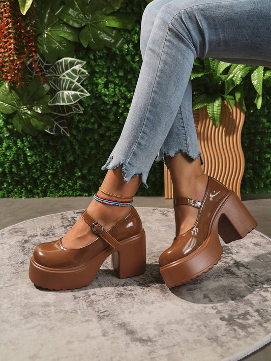 1pair Women's Shiny Waterproof Platform Chunky High Heels