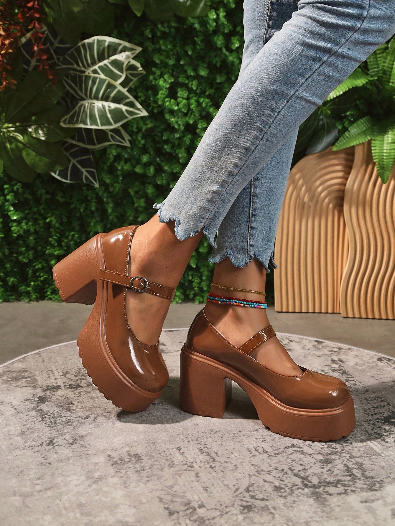 1pair Women's Shiny Waterproof Platform Chunky High Heels