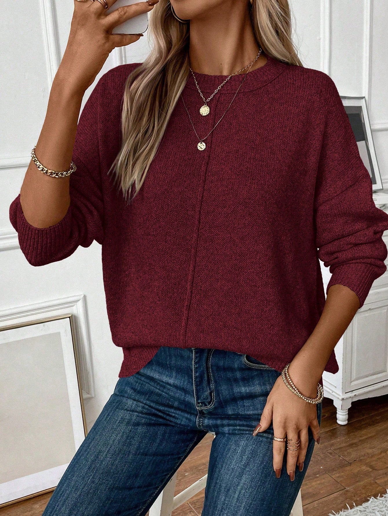 Frenchy Ladies' Solid Color Drop Shoulder Casual Sweater