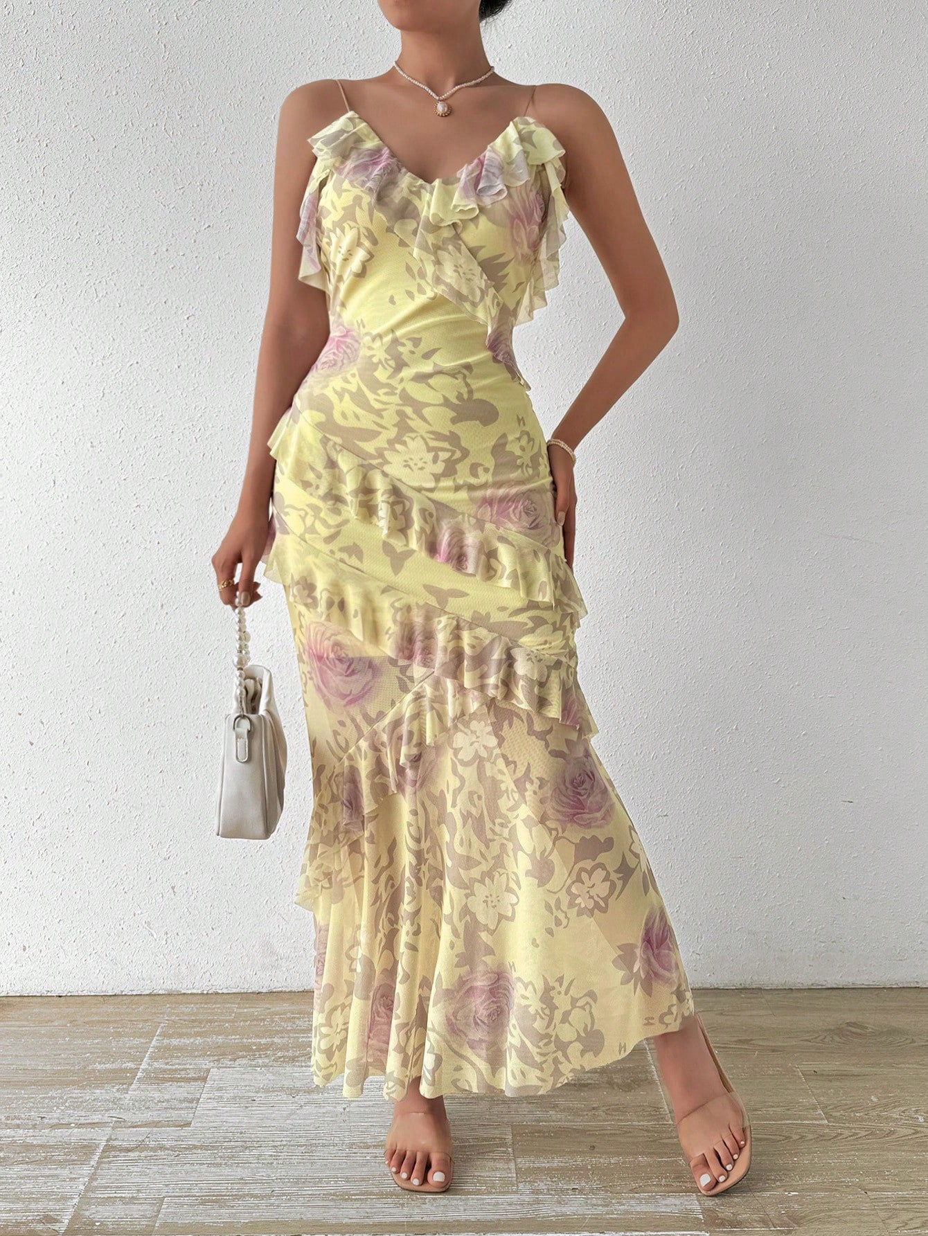 VCAY Floral Print Ruffled Slip Dress