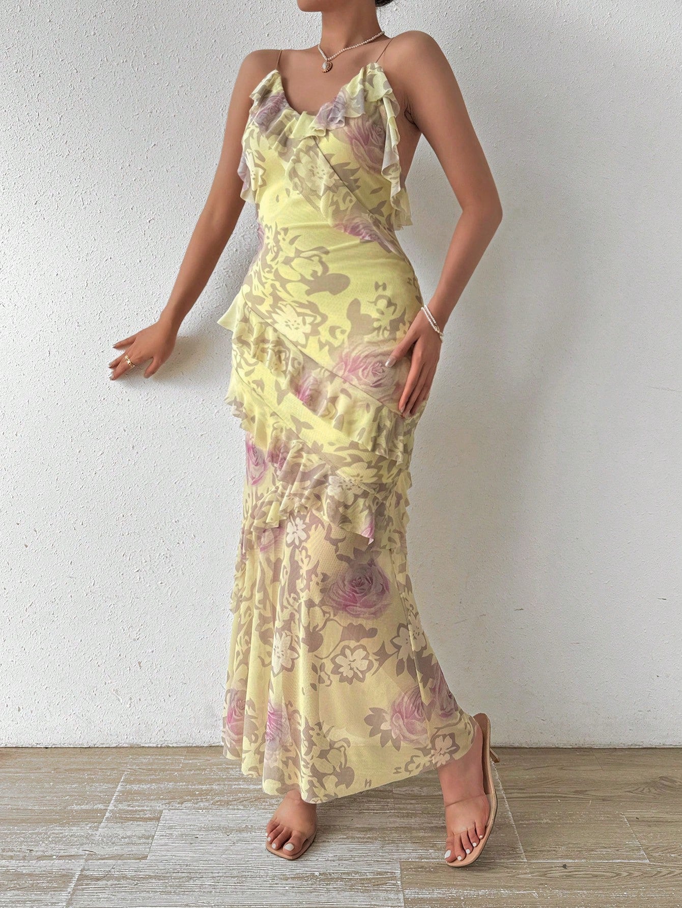 VCAY Floral Print Ruffled Slip Dress