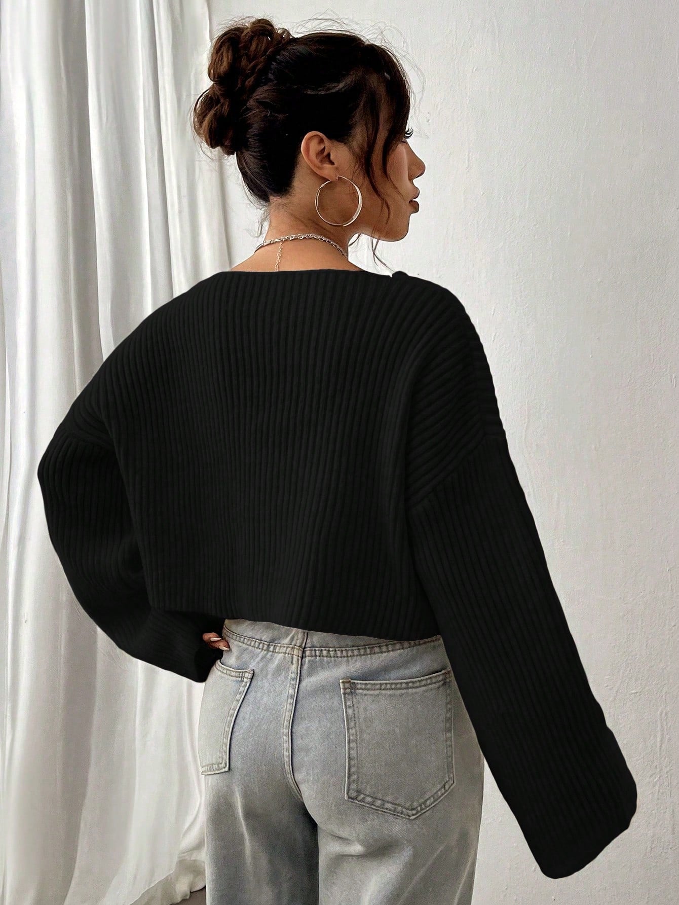 Solid Drop Shoulder Crop Ribbed Knit Sweater
