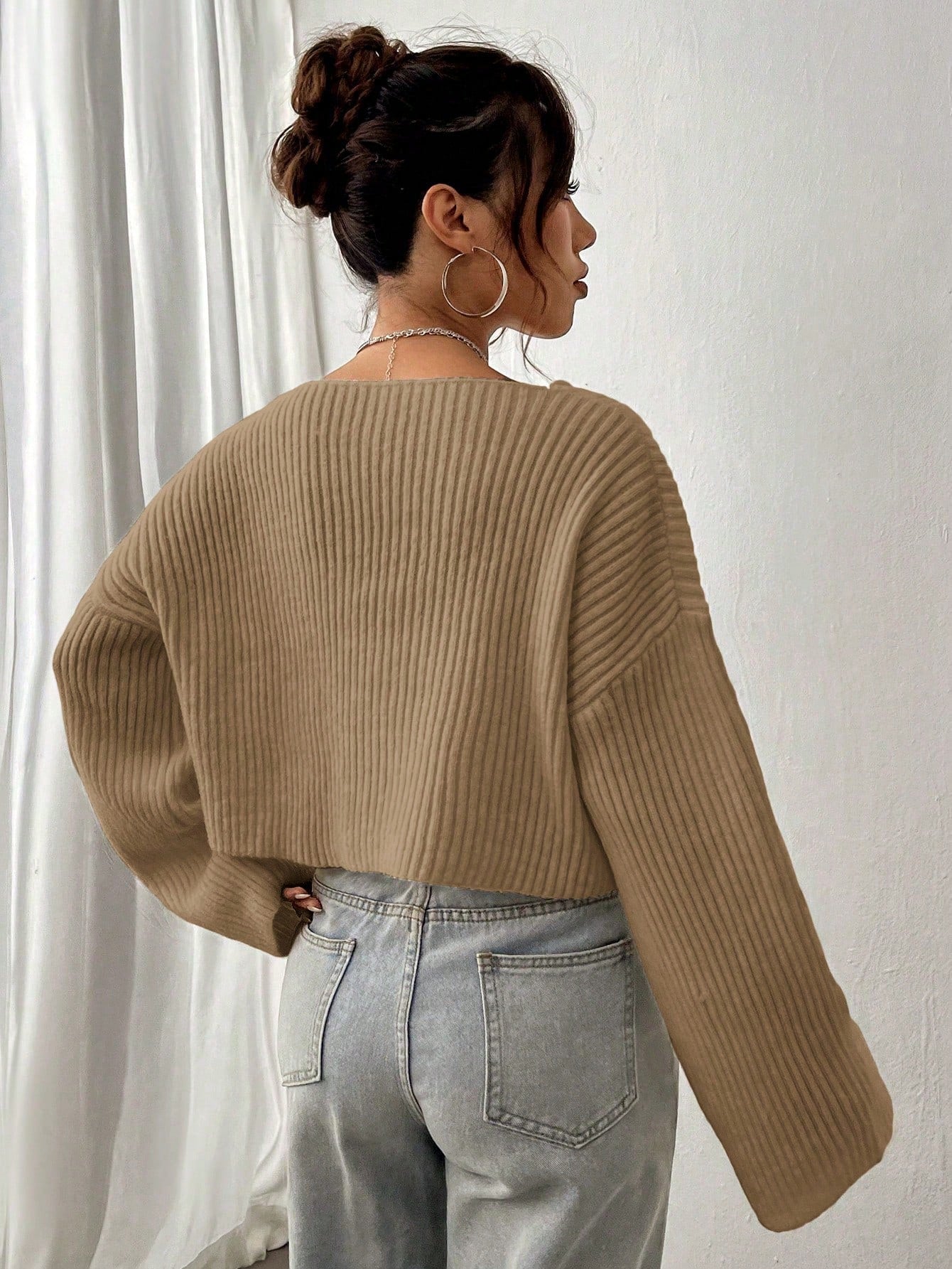 Solid Drop Shoulder Crop Ribbed Knit Sweater
