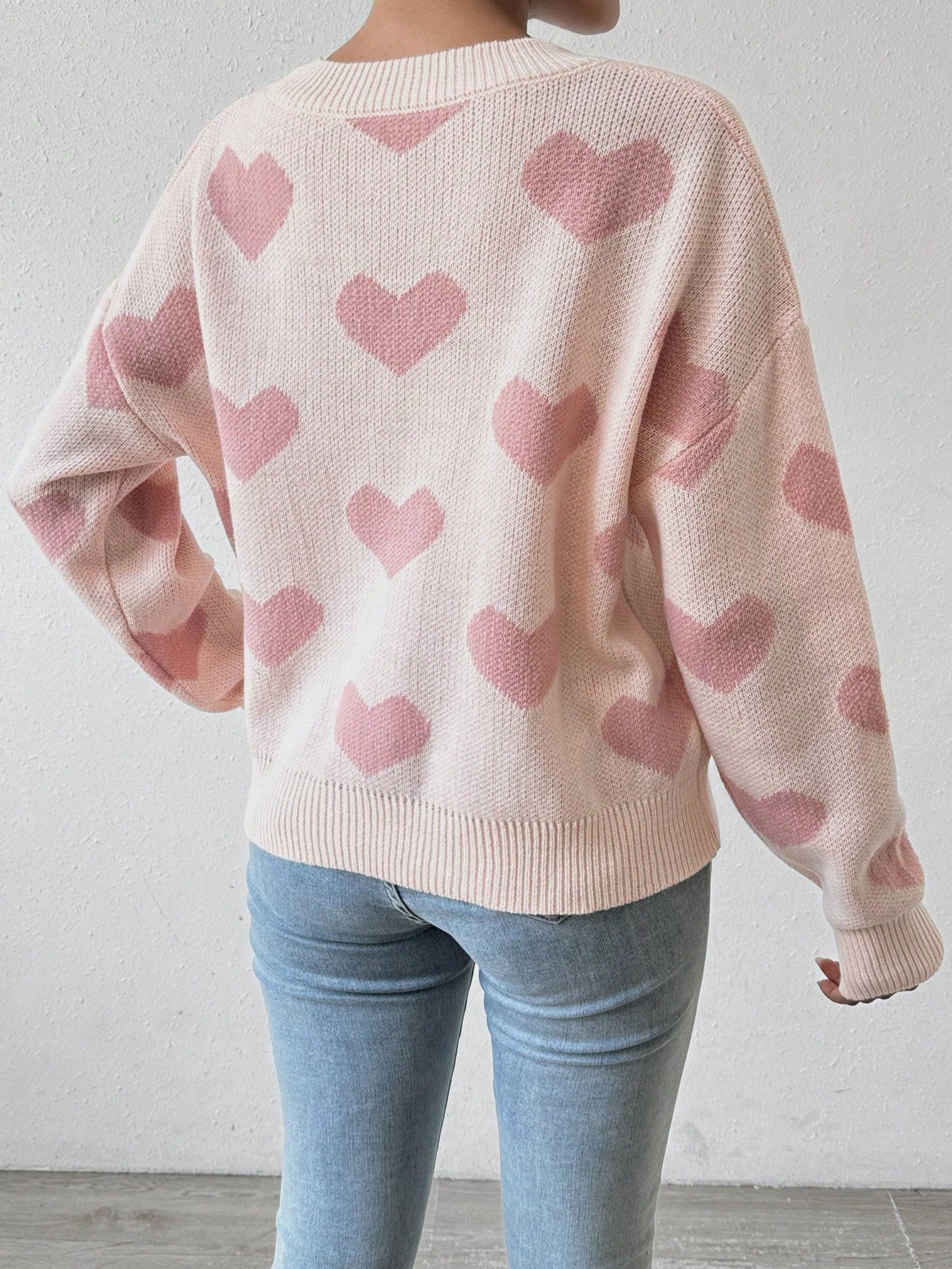 Essnce Women's Love Heart Pattern Drop Shoulder Sweater