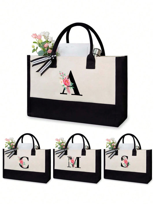 1pc  Flower Letter Initial Canvas Tote Bag, Personalized Present Bag, Suitable For Wedding Is A Great Gift For Women, Mom, Teachers, Friends, Bridesmaids,Student ,Large Bag , Back To School ,Simple Large-Capacity Handbag, Portable Casual Storage Tote Bag