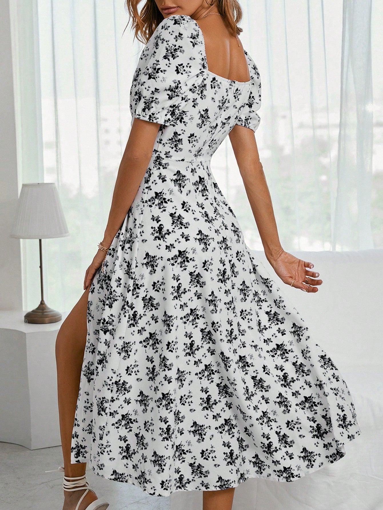 VCAY Allover Floral Knot Split Thigh A-line Dress