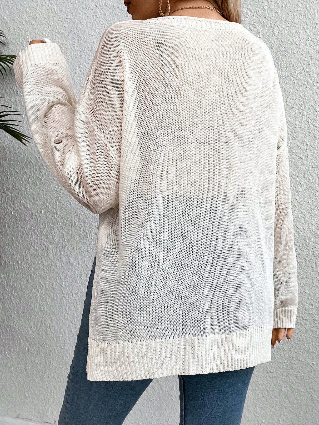 Women's V-Neck Sweater With Flare Sleeve And Rolled Edge