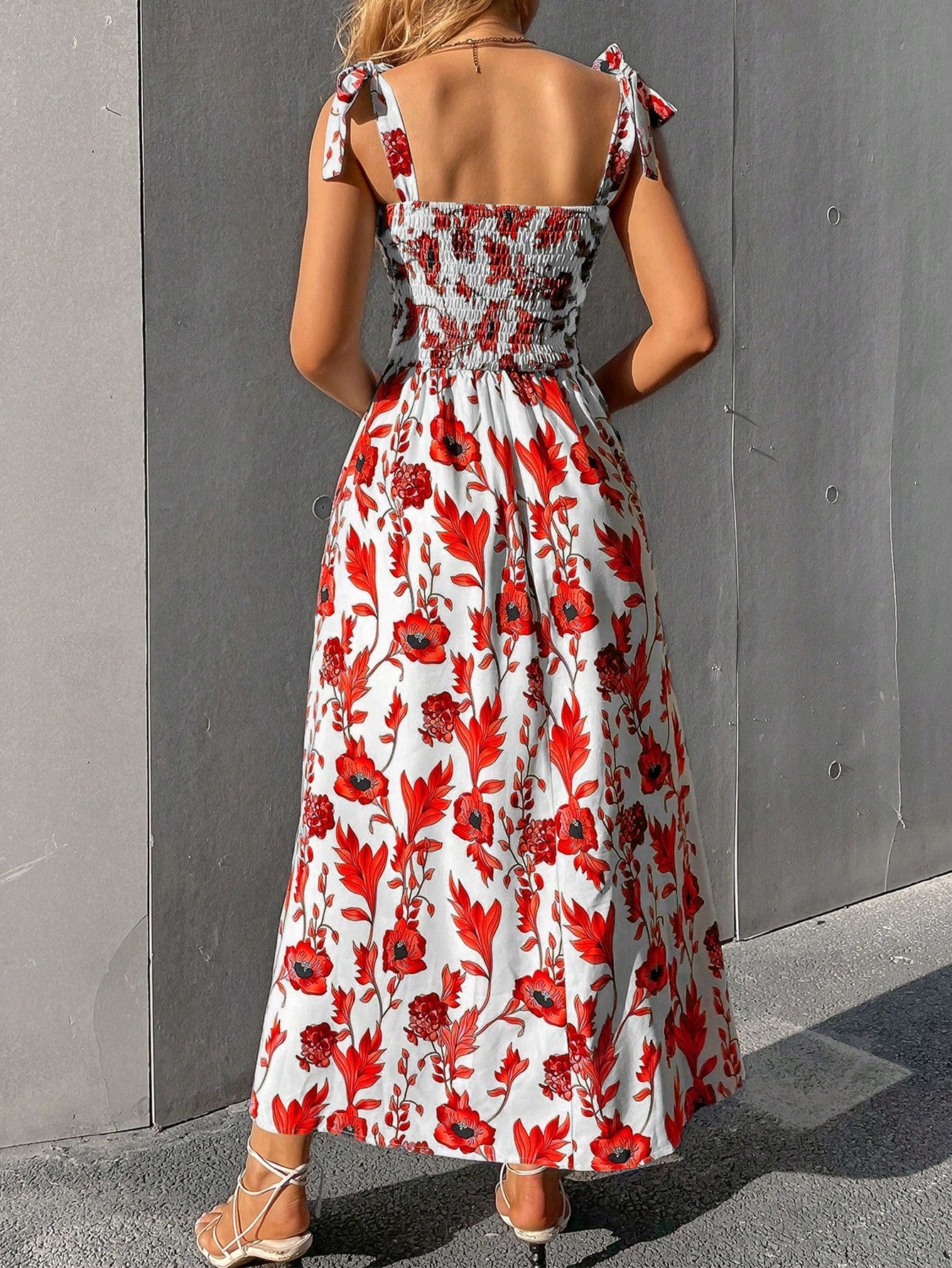VCAY Floral Print Knot Straps Shirred Bodice Cami Dress