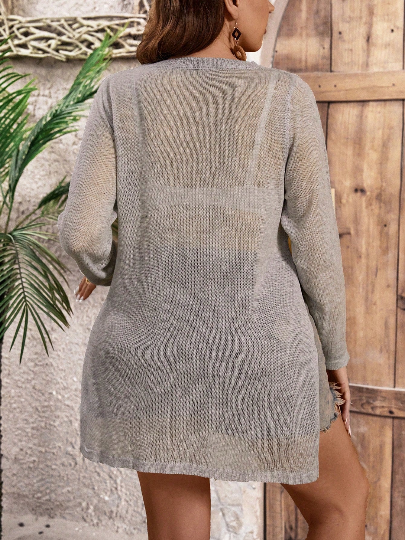 VCAY Plus Size 1pc Round Neck Long Sleeve Semi-Transparent Pullover Sweater