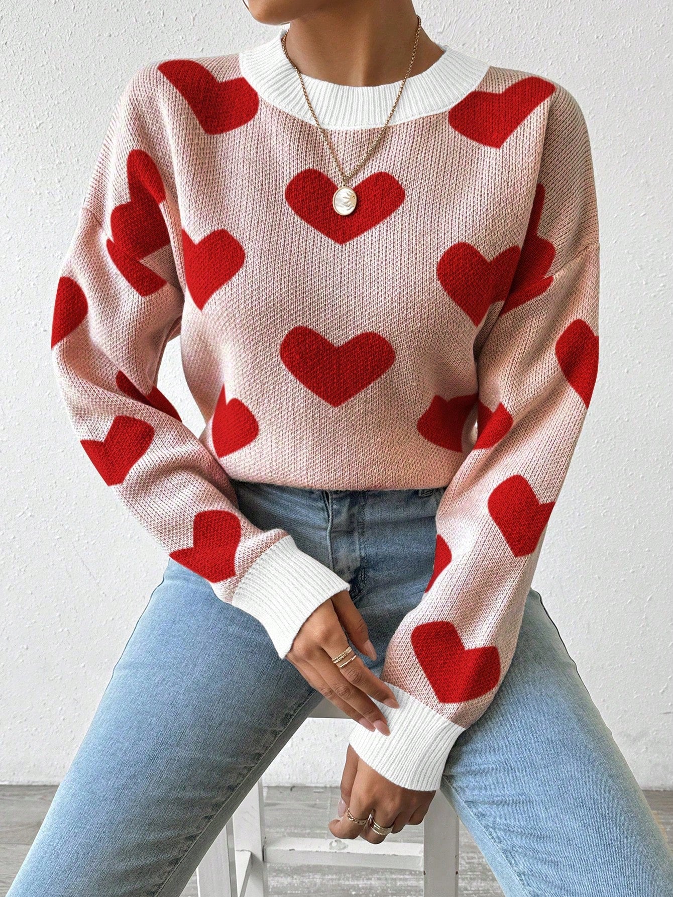 Essnce Women's Love Heart Pattern Drop Shoulder Sweater