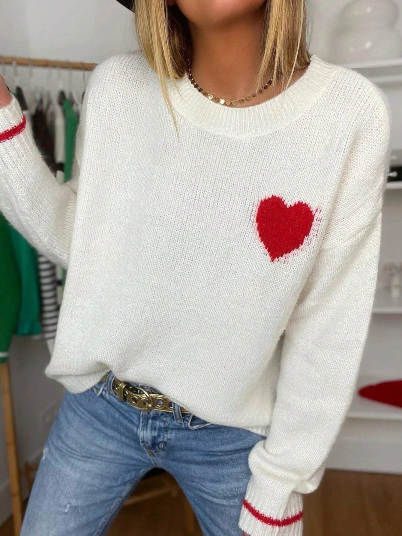 Essnce Women's Heart Pattern Drop Shoulder Long Sleeve Sweater