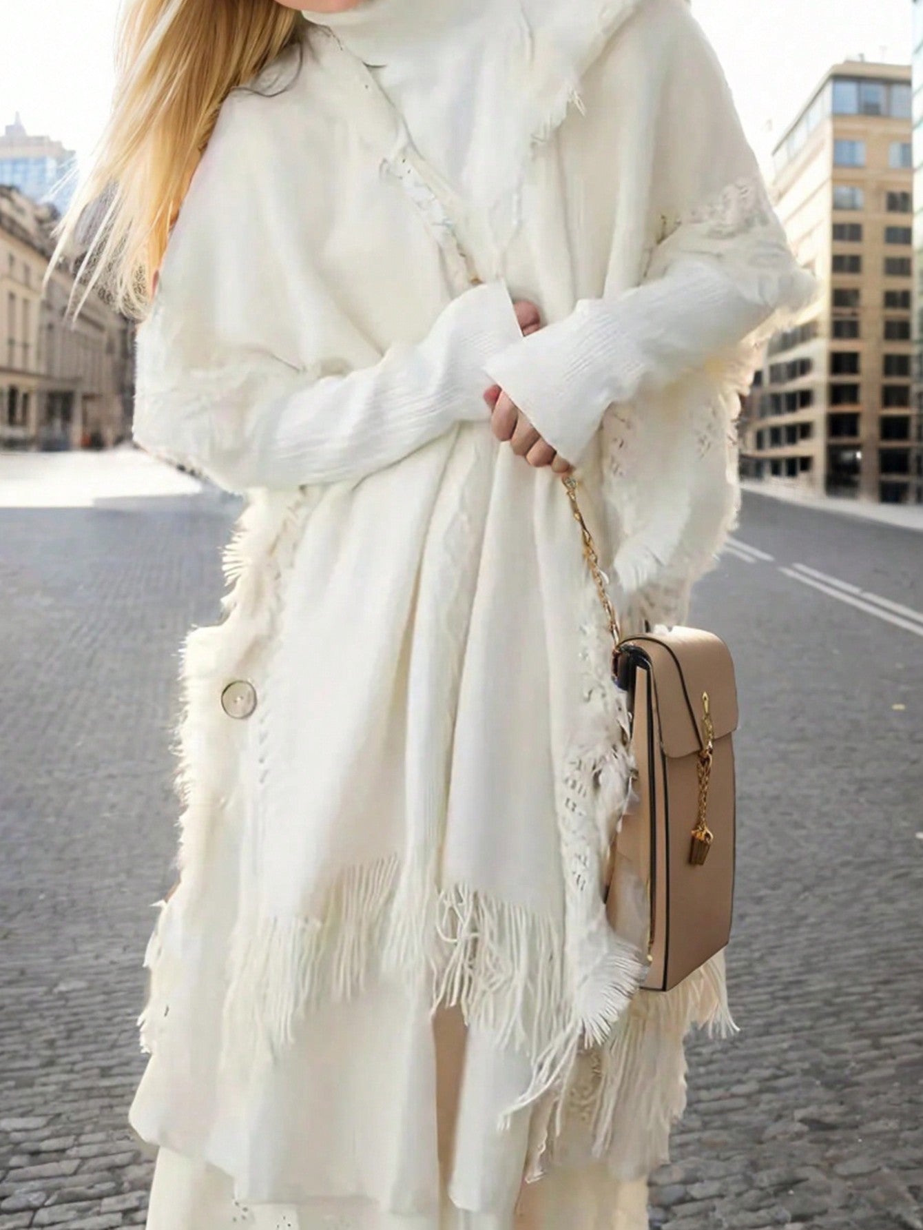 Essnce 1pc Hooded Sweater With Fringe Detail Decorative Button Cape