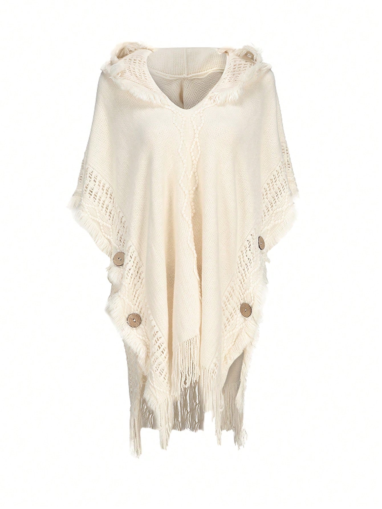 Essnce 1pc Hooded Sweater With Fringe Detail Decorative Button Cape
