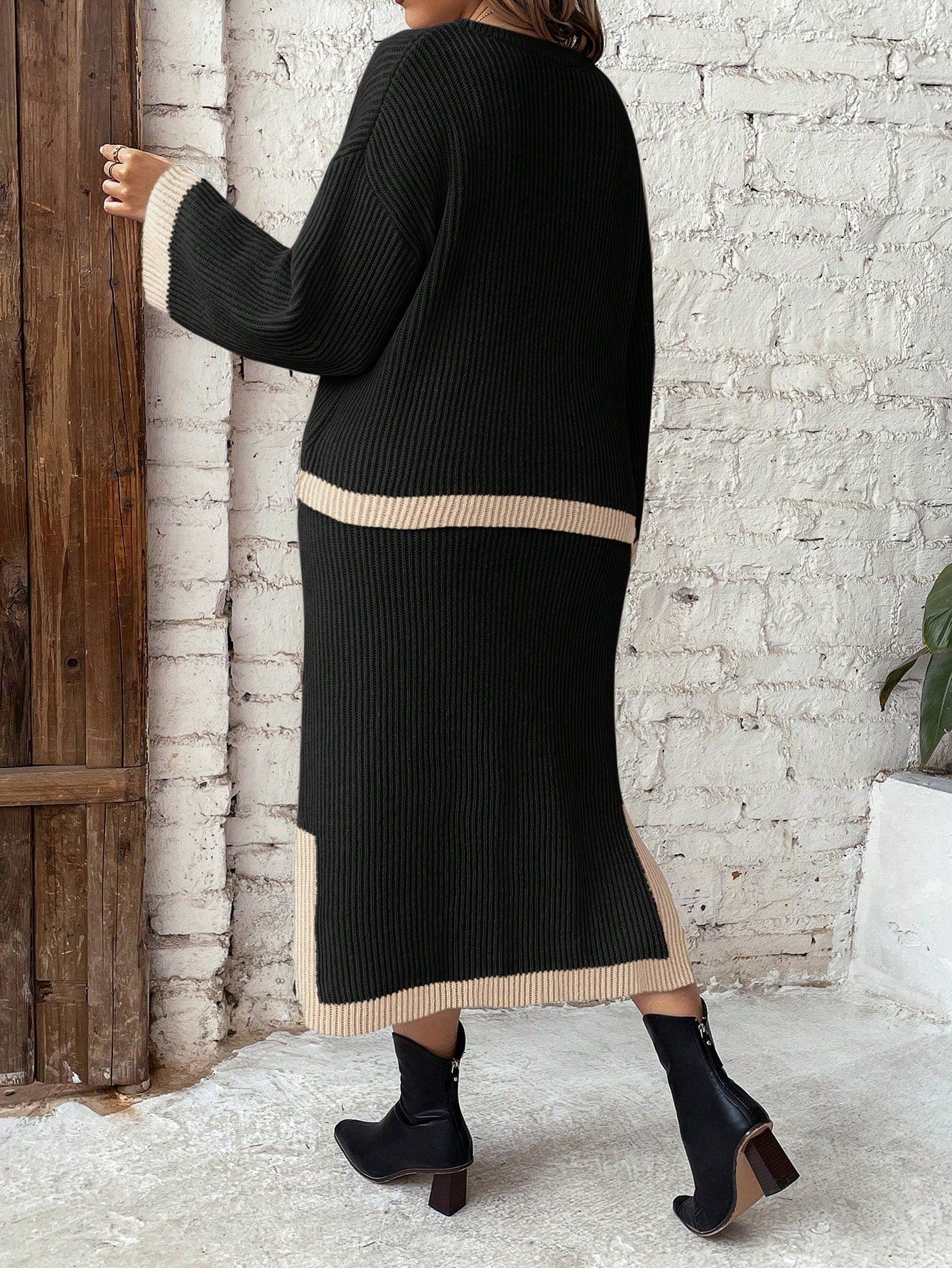 Essnce Plus Size Women's Color Block Drop Shoulder Long Sleeve Sweater And Split Hem Skirt Set