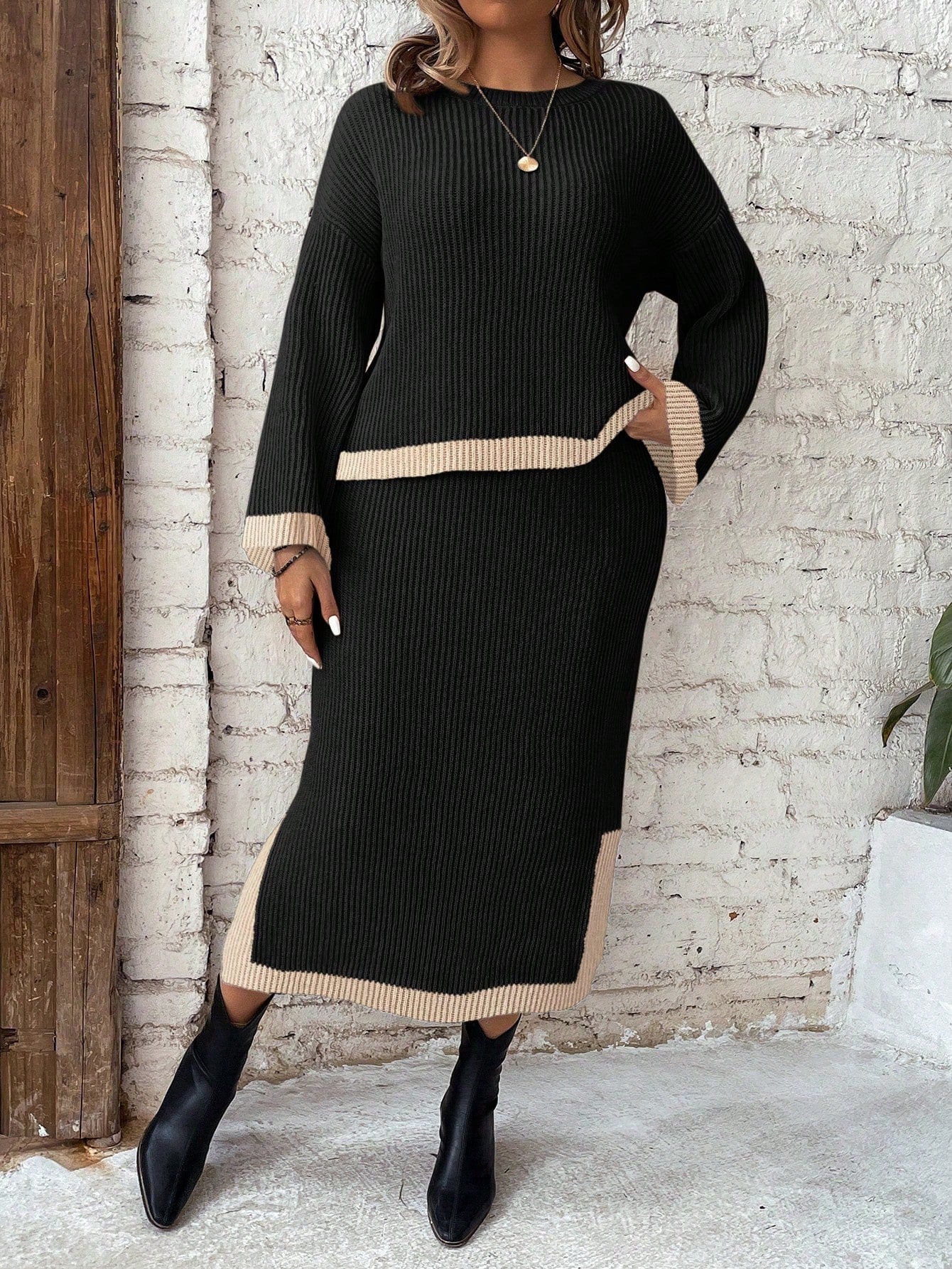 Essnce Plus Size Women's Color Block Drop Shoulder Long Sleeve Sweater And Split Hem Skirt Set