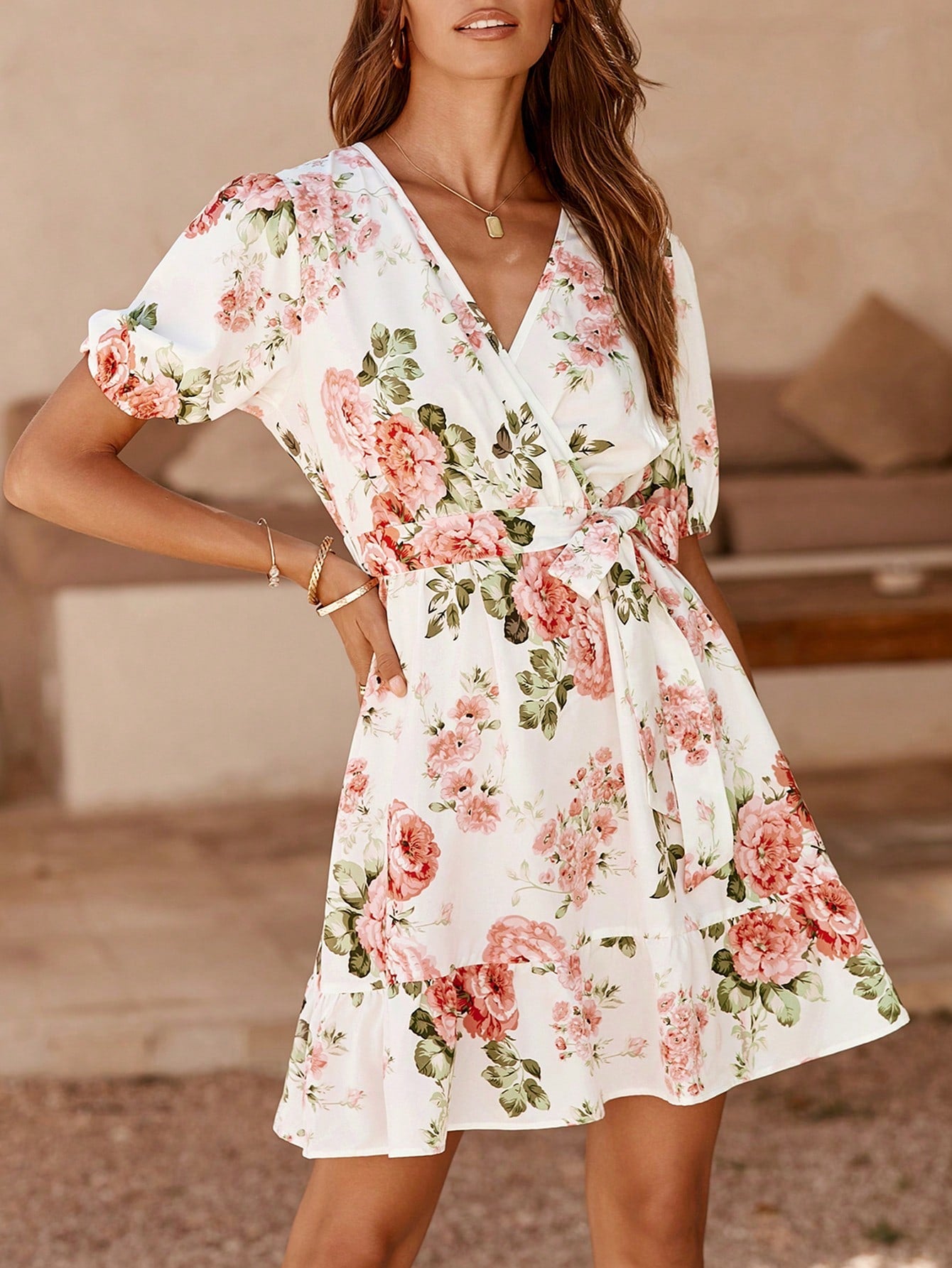 VCAY Women's Short Puff Sleeve Dress With Floral Print